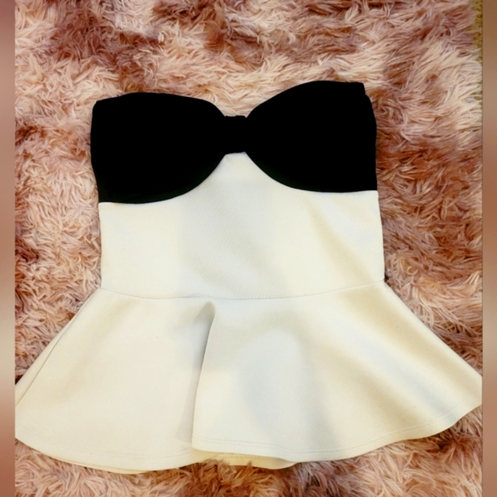 Strapless Black and White Bow Peplum Top Size Medium